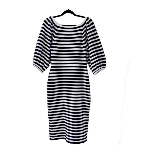Eliza J Dress M Navy White Striped SS Bodycon Reverse Knit Midi Stretch Nautical - Picture 1 of 13
